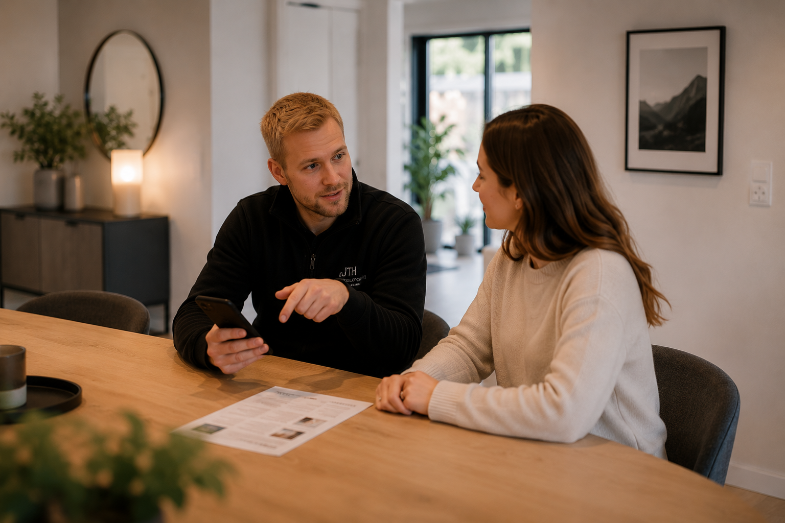 Elektriker går igenom brandlarm och kontroll med kund
