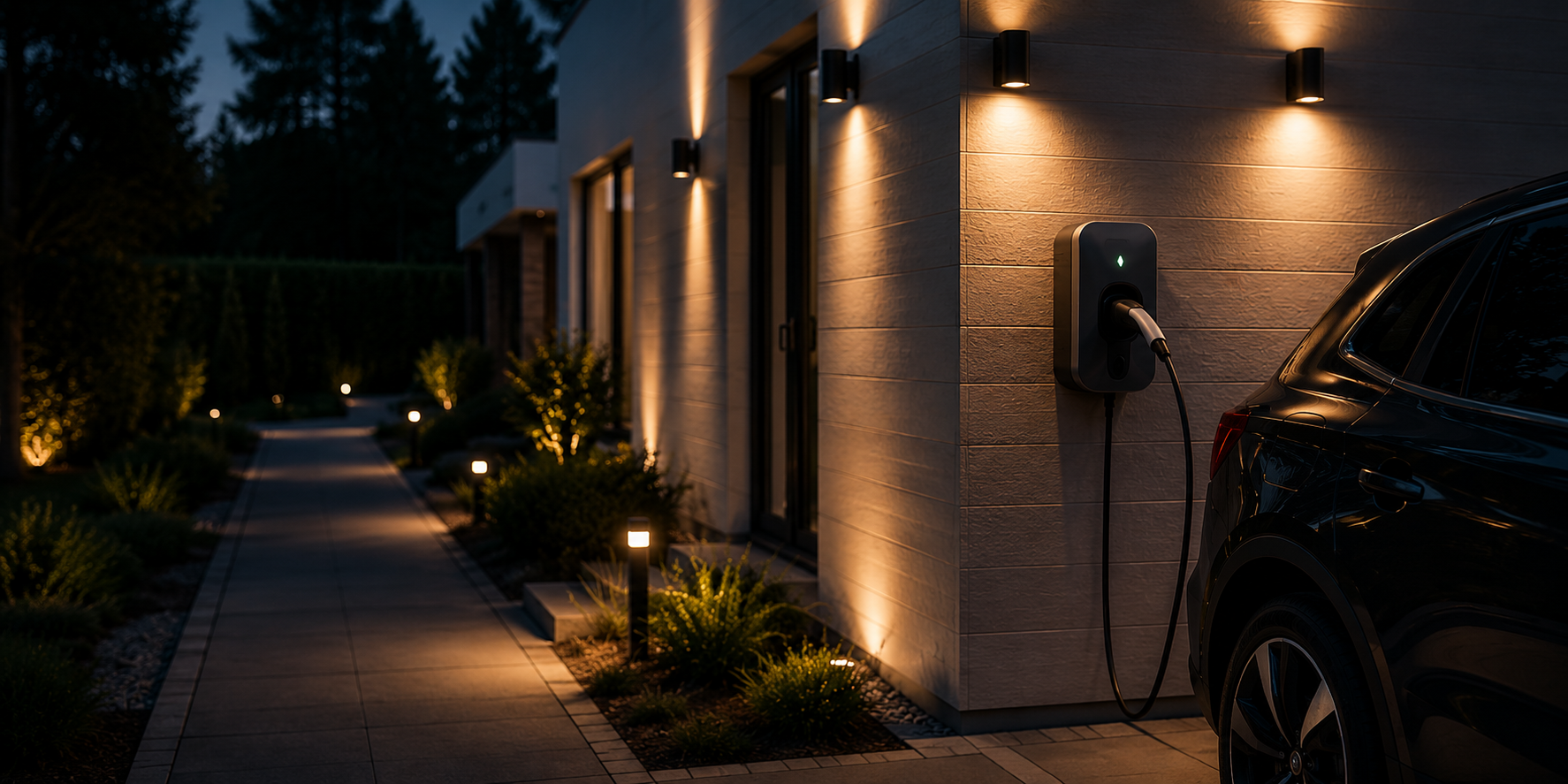 Modern elinstallation med laddbox och utebelysning