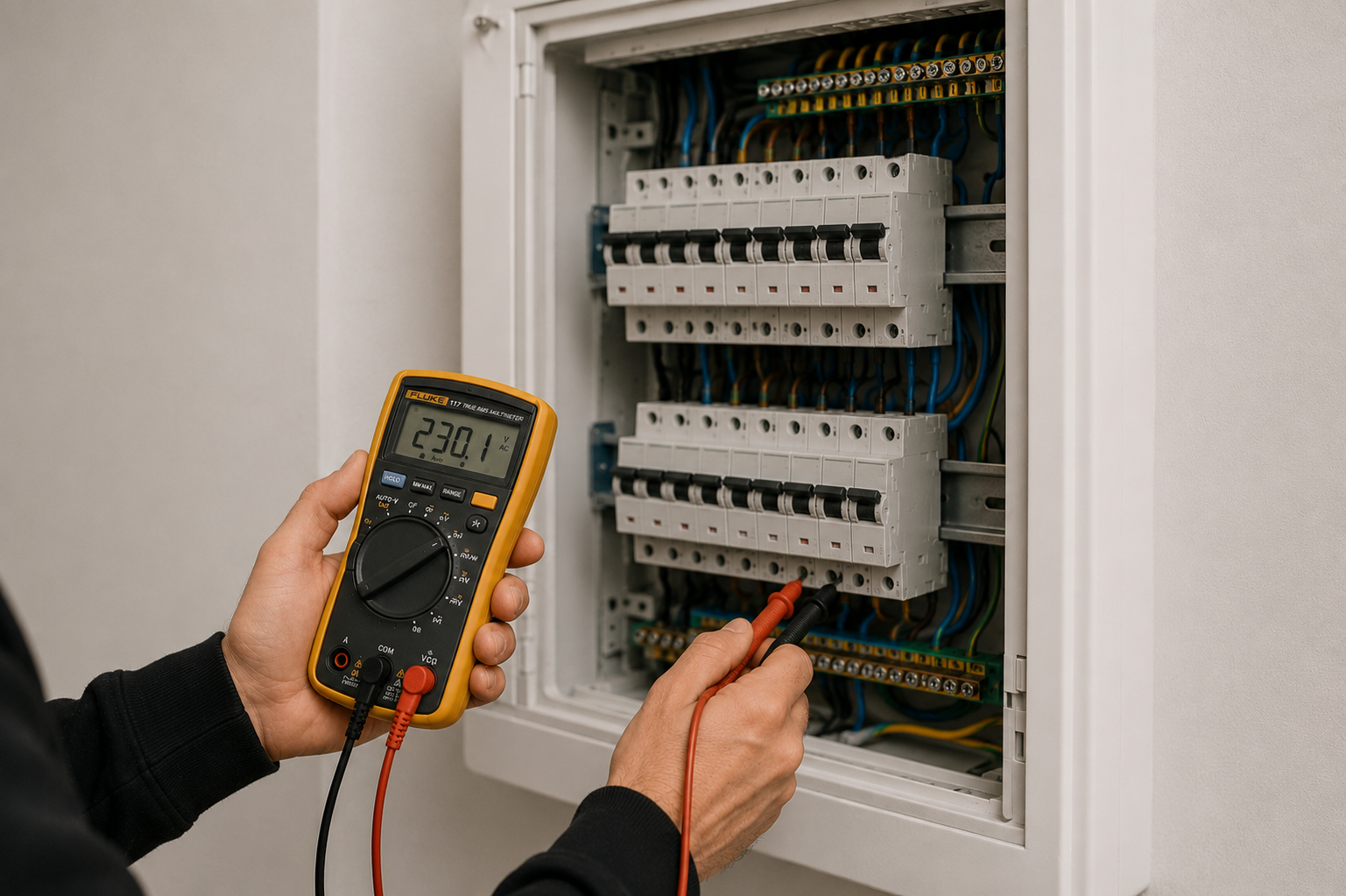Elektriker felsöker elcentral med mätinstrument