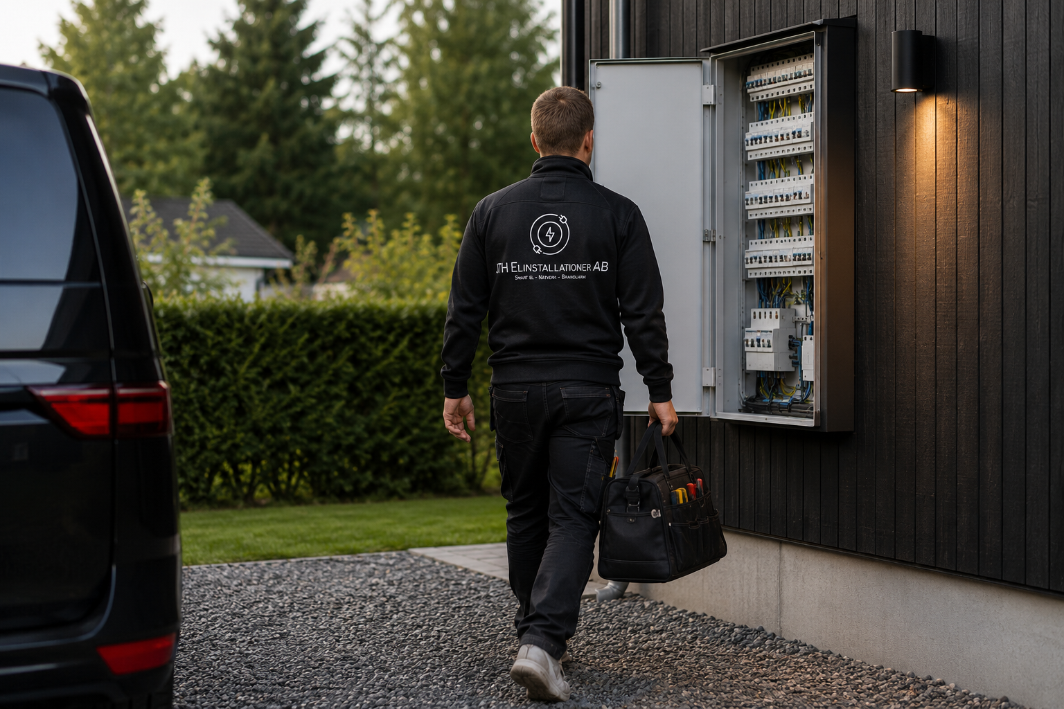 Elektriker på väg till kund för felsökning av elfel