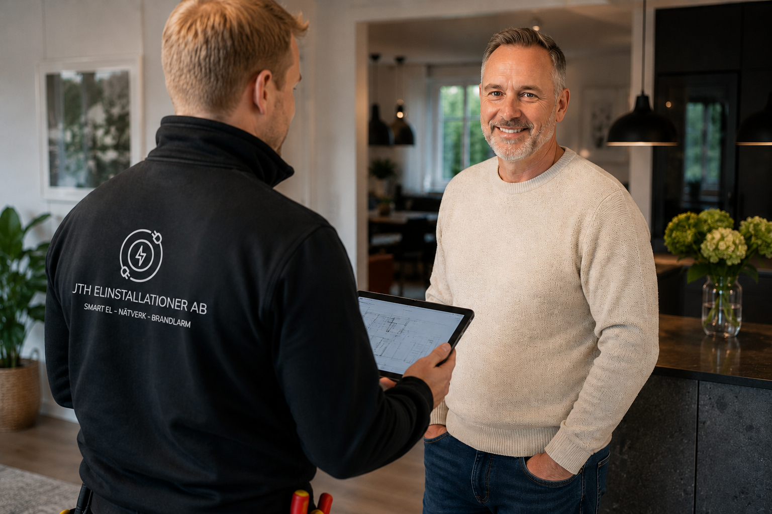 Elektriker går igenom arbete med kund