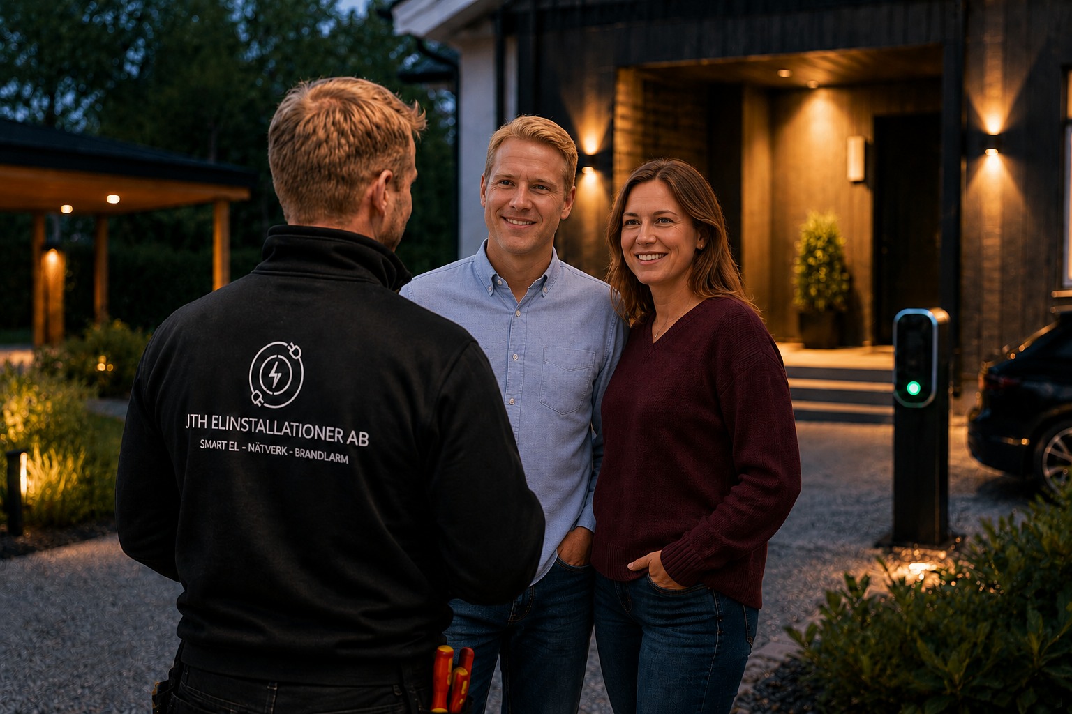 Elektriker går igenom arbete med nöjd kund